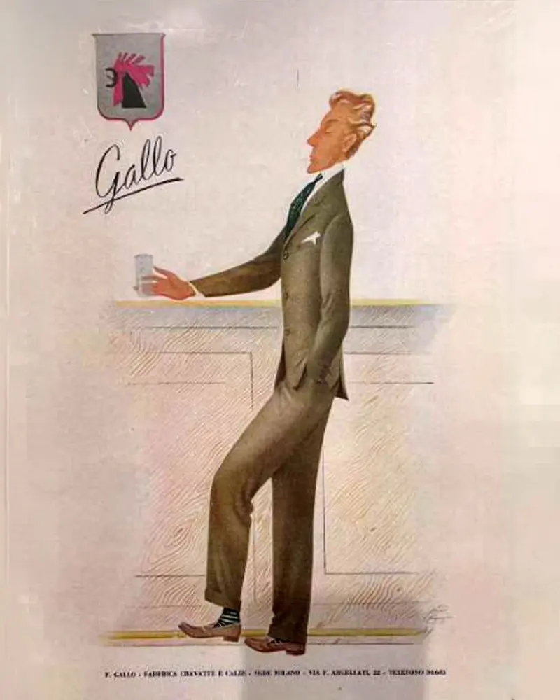 Pubblicità d'epoca disegnata: un uomo elegante al bancone, col marchio Gallo